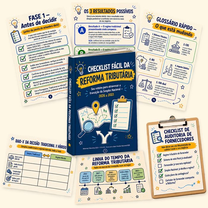 Flatlay com as páginas do Checklist Fácil da Reforma Tributária espalhadas