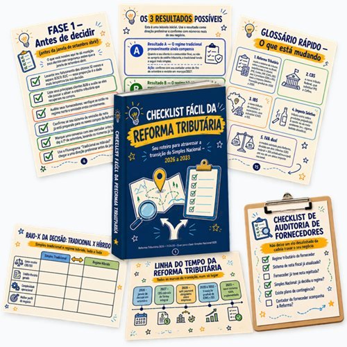 Mockup do Checklist Fácil da Reforma Tributária: capa e prévias de páginas internas em leque