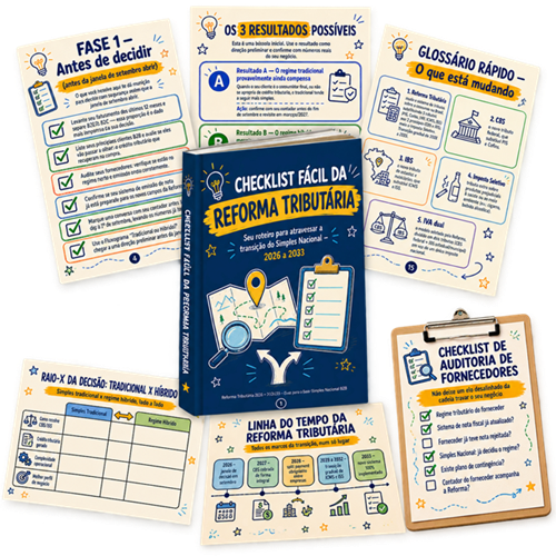 Mockup do Checklist Fácil da Reforma Tributária: capa e prévias de páginas internas em leque